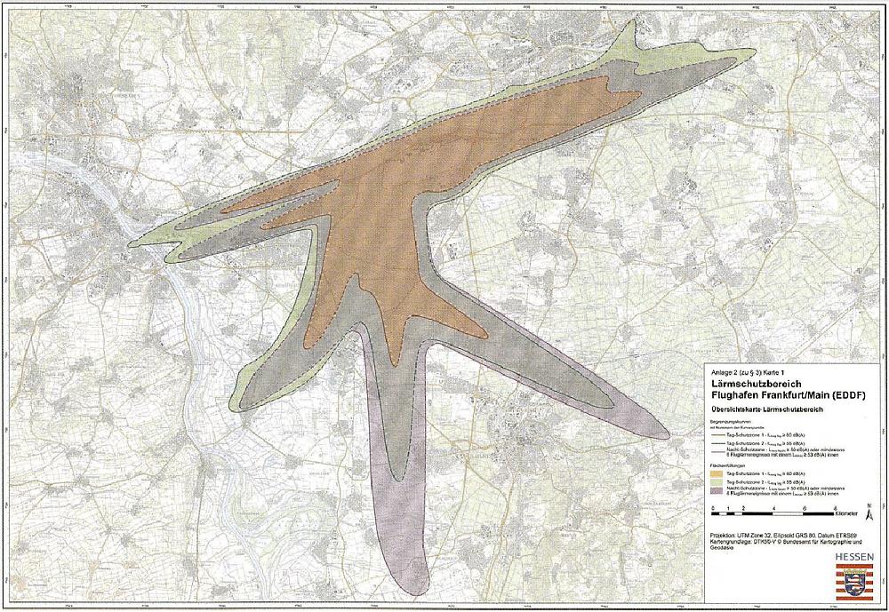 Lärmschutzbereich Flughafen Frankfurt/Main (Quelle: Verordnung über die Festsetzung des Lärmschutzbereichs für den Verkehrsflughafen Frankfurt Main, Anlage 2, 30.09.2011)